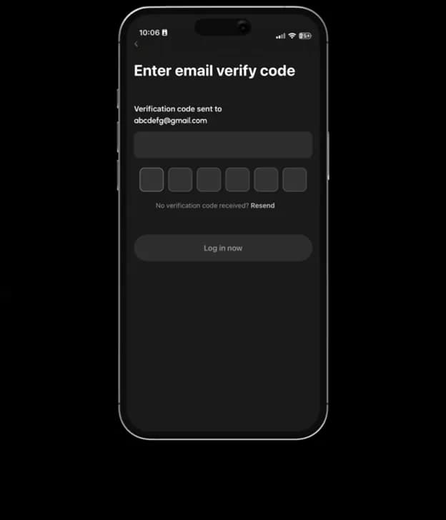 App screen asking for an email verification code