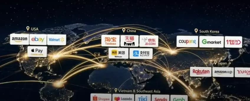 World map linking shoppers in the USA, China, South Korea, Japan and Southeast Asia to local merchants