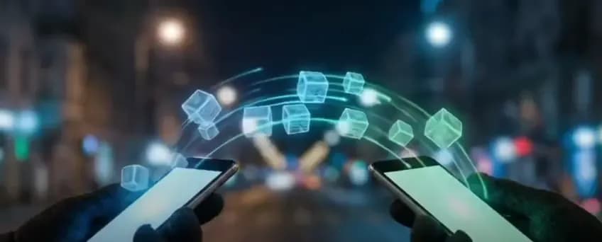 Phones exchanging value, surrounded by floating cubes