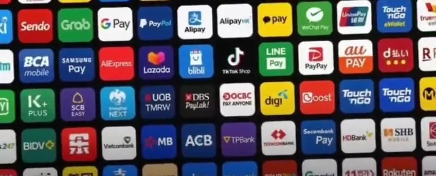 Wall of payment and shopping apps including Grab, Alipay, PayPal, Lazada and LINE Pay