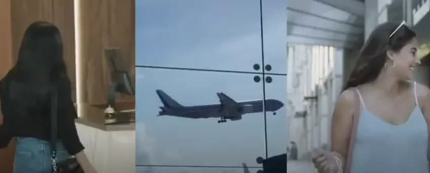 Traveller at a hotel desk, a plane taking off, and a shopper smiling